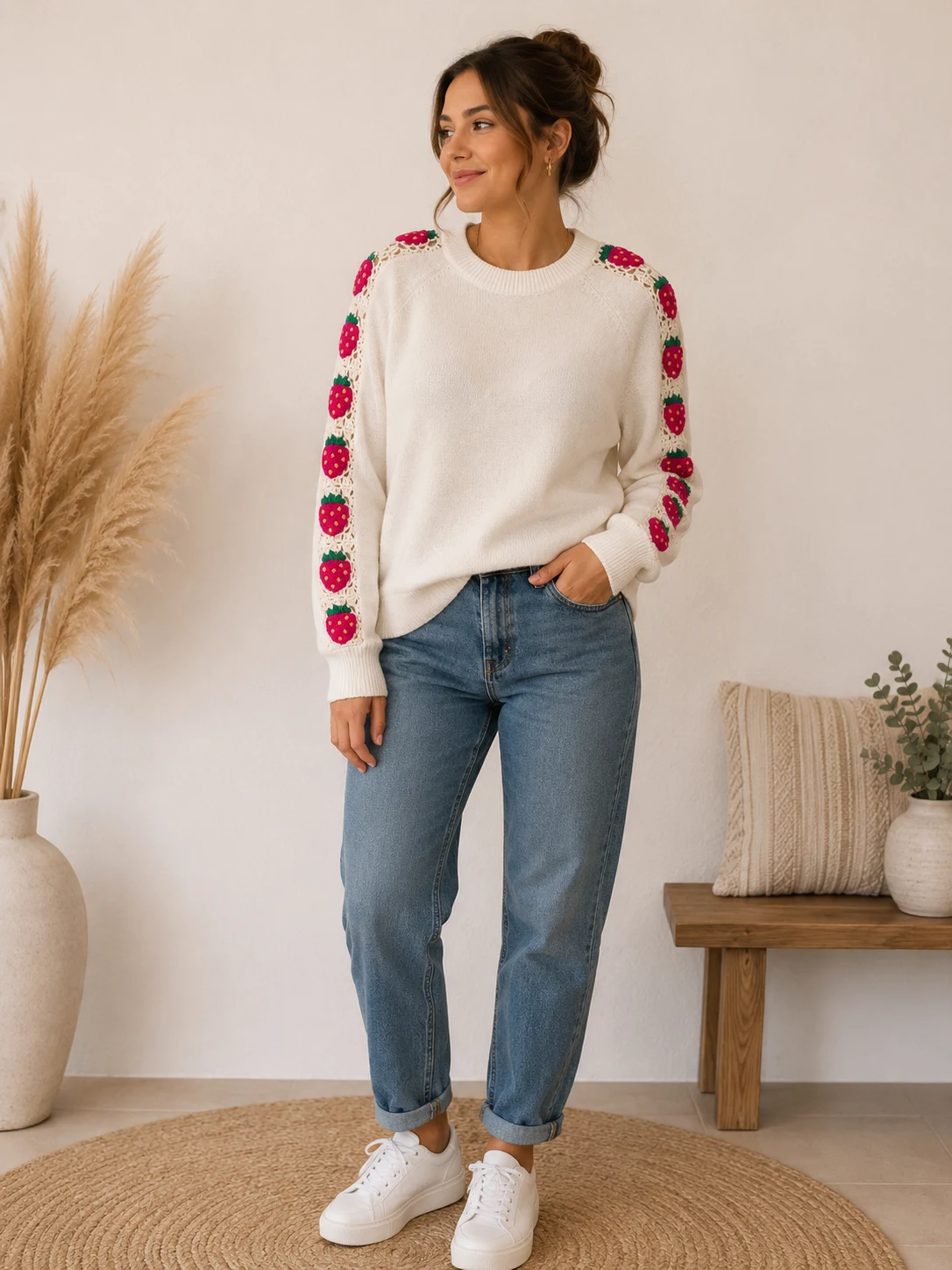 Pull écru aux détails roses